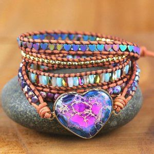 Sea Sediment 5 Strands Healing Reiki Women Braided Boho Heart Wrap Bracelet Gift